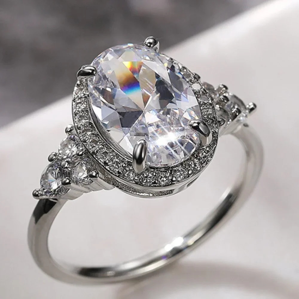 😍Beautiful Noble Oval Pure CZ Macro Pave Silver Wedding Luxury Rings, K936